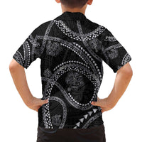 Hawaiian Kakau Art and Hisbiscus Tattoo Family Matching Off The Shoulder Long Sleeve Dress and Hawaiian Shirt Tribal Pattern-Silver Style LT03 - Polynesian Pride