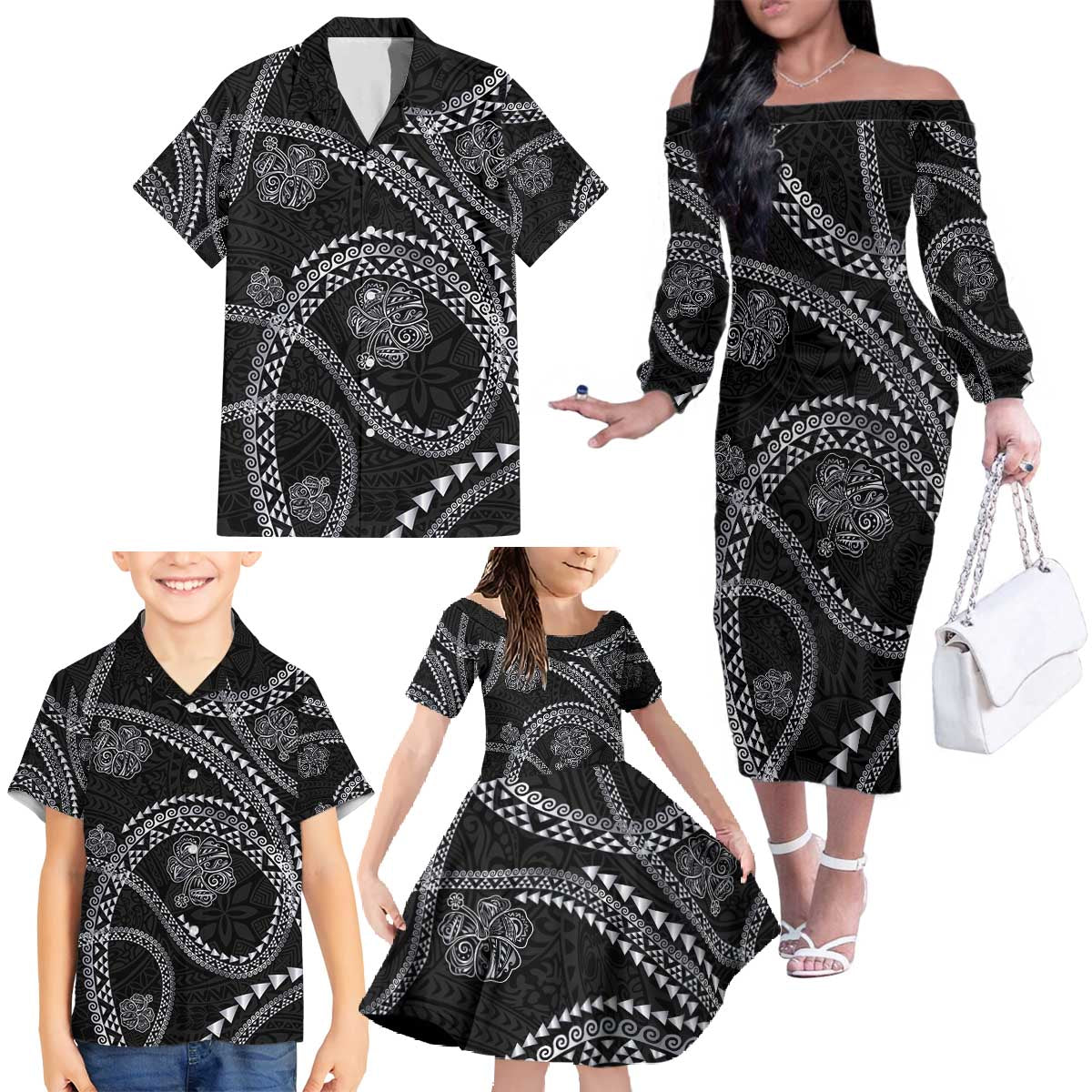 Hawaiian Kakau Art and Hisbiscus Tattoo Family Matching Off The Shoulder Long Sleeve Dress and Hawaiian Shirt Tribal Pattern-Silver Style LT03 - Polynesian Pride