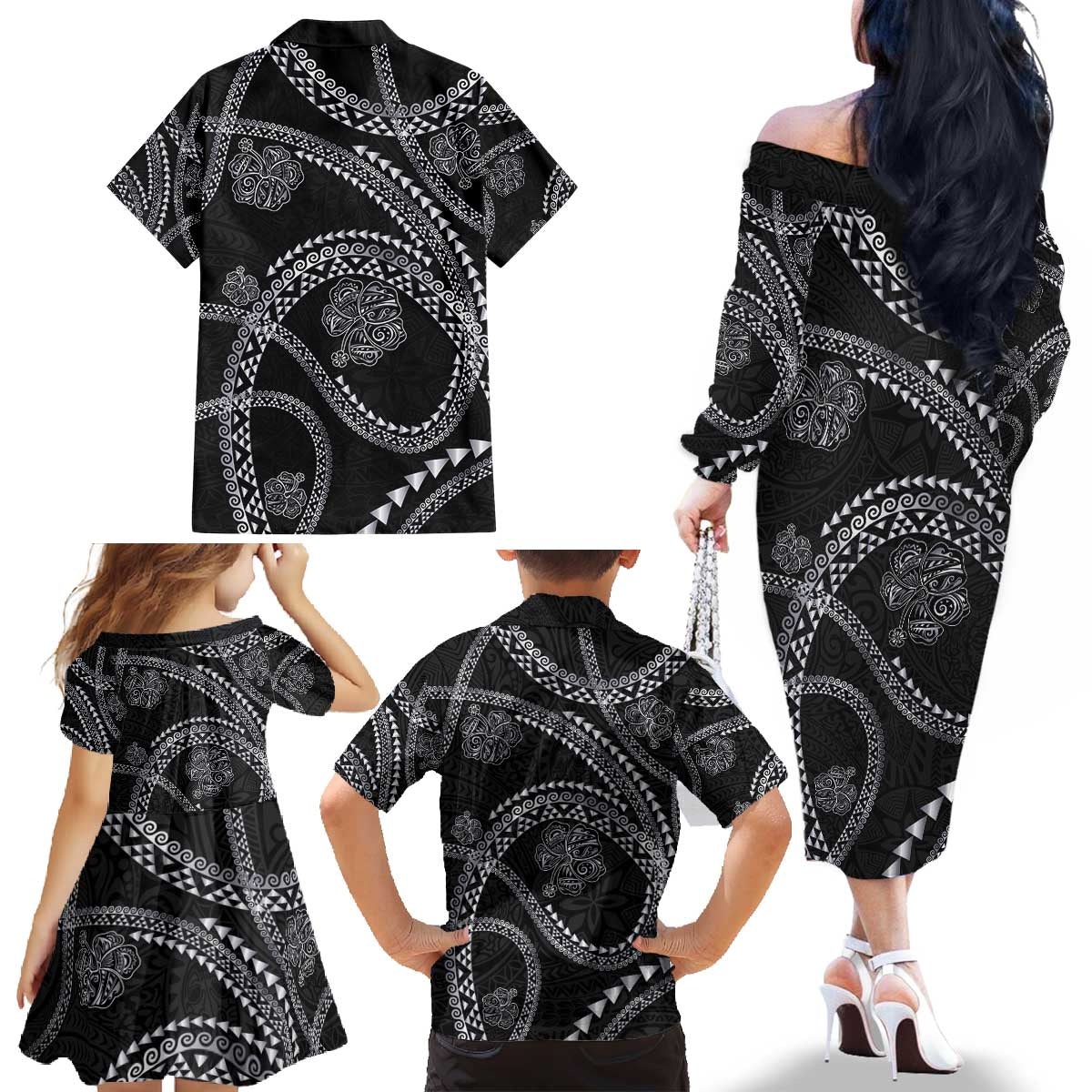 Hawaiian Kakau Art and Hisbiscus Tattoo Family Matching Off The Shoulder Long Sleeve Dress and Hawaiian Shirt Tribal Pattern-Silver Style LT03 - Polynesian Pride