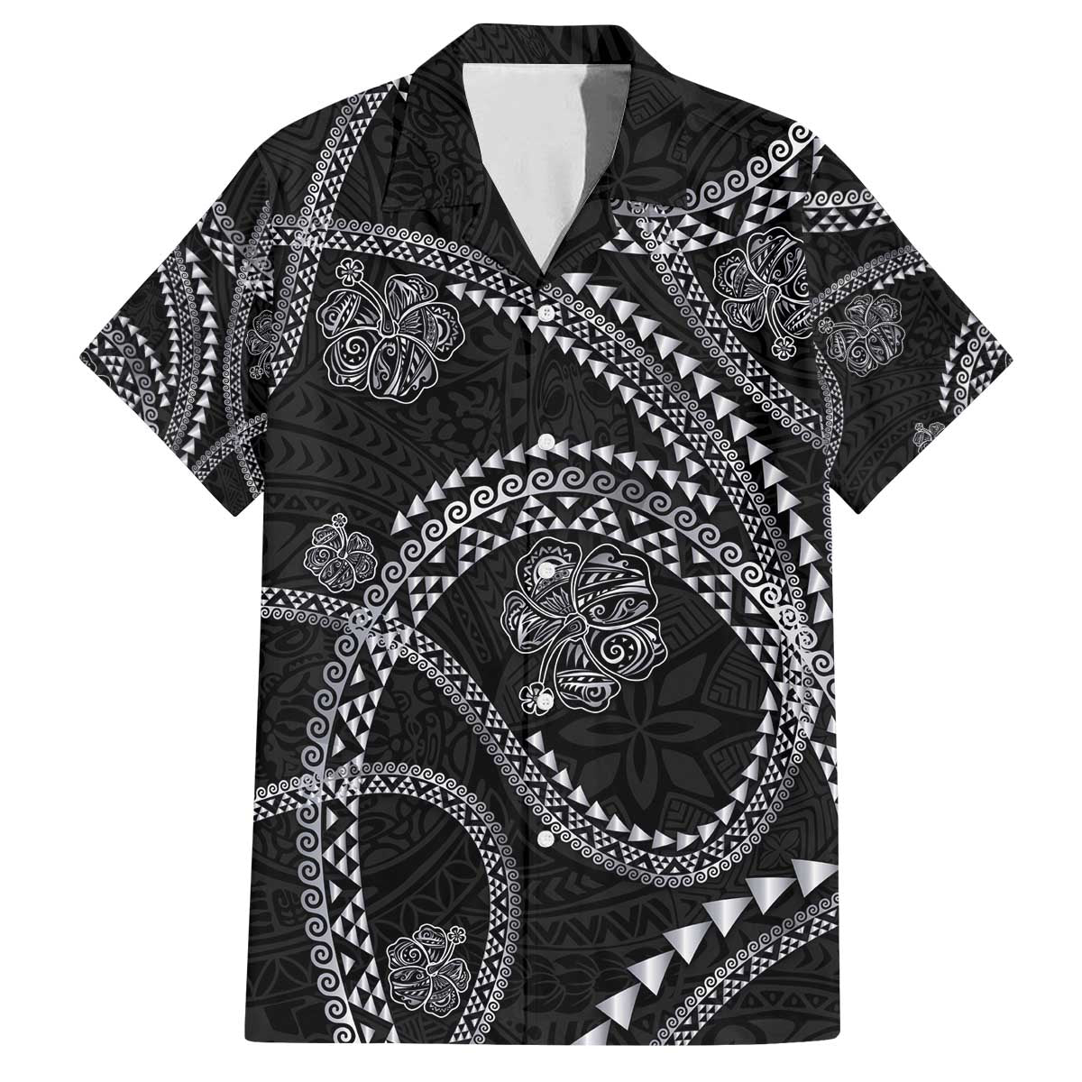 Hawaiian Kakau Art and Hisbiscus Tattoo Family Matching Off The Shoulder Long Sleeve Dress and Hawaiian Shirt Tribal Pattern-Silver Style LT03 Dad's Shirt - Short Sleeve Black - Polynesian Pride