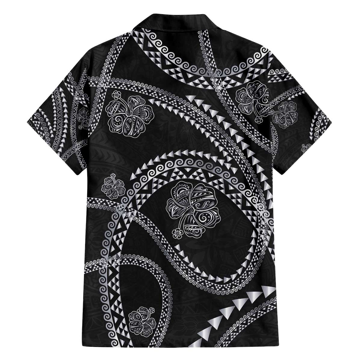 Hawaiian Kakau Art and Hisbiscus Tattoo Family Matching Off The Shoulder Long Sleeve Dress and Hawaiian Shirt Tribal Pattern-Silver Style LT03 - Polynesian Pride