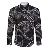 Hawaiian Kakau Art and Hisbiscus Tattoo Family Matching Off The Shoulder Long Sleeve Dress and Hawaiian Shirt Tribal Pattern-Silver Style LT03 Dad's Shirt - Long Sleeve Black - Polynesian Pride