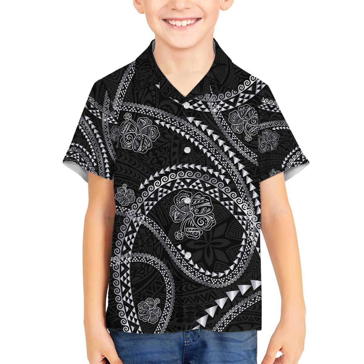 Hawaiian Kakau Art and Hisbiscus Tattoo Family Matching Off The Shoulder Long Sleeve Dress and Hawaiian Shirt Tribal Pattern-Silver Style LT03 Son's Shirt Black - Polynesian Pride