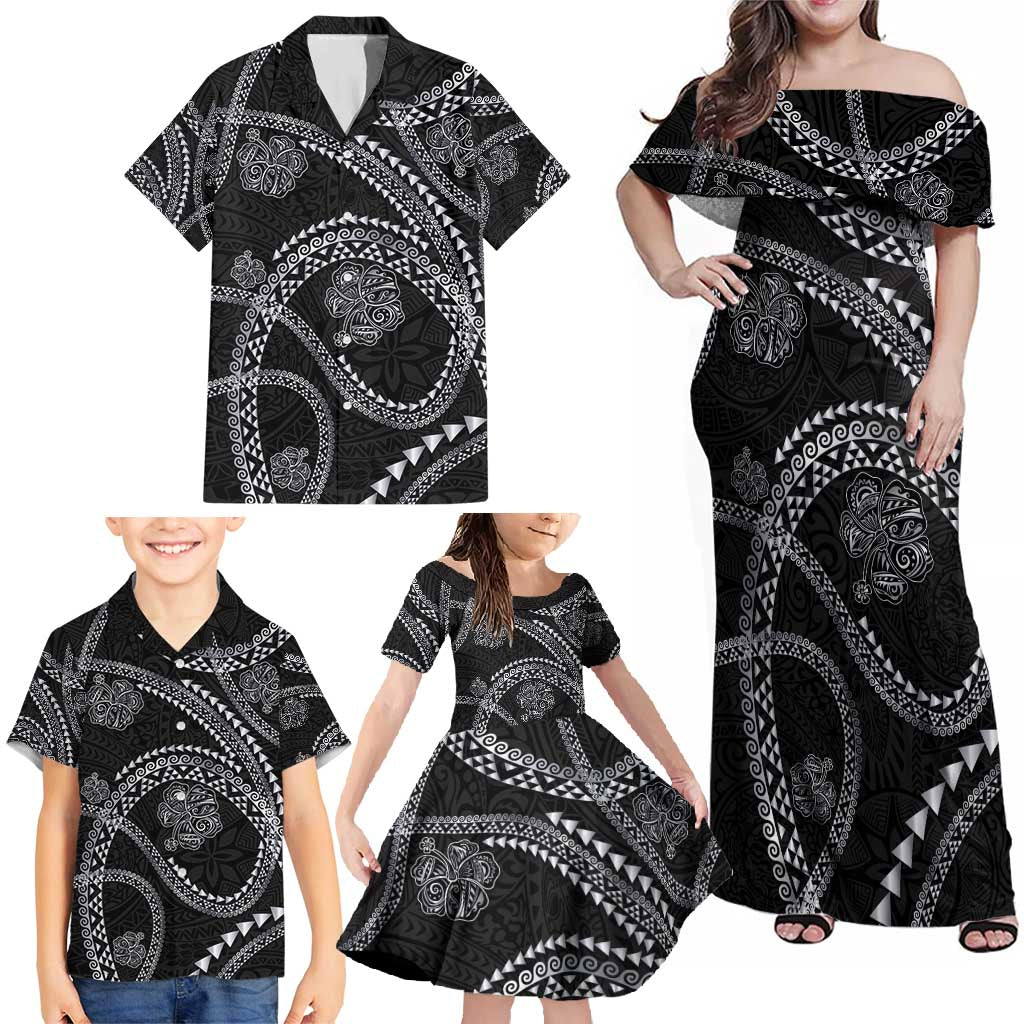 Hawaiian Kakau Art and Hisbiscus Tattoo Family Matching Off Shoulder Maxi Dress and Hawaiian Shirt Tribal Pattern-Silver Style LT03 - Polynesian Pride