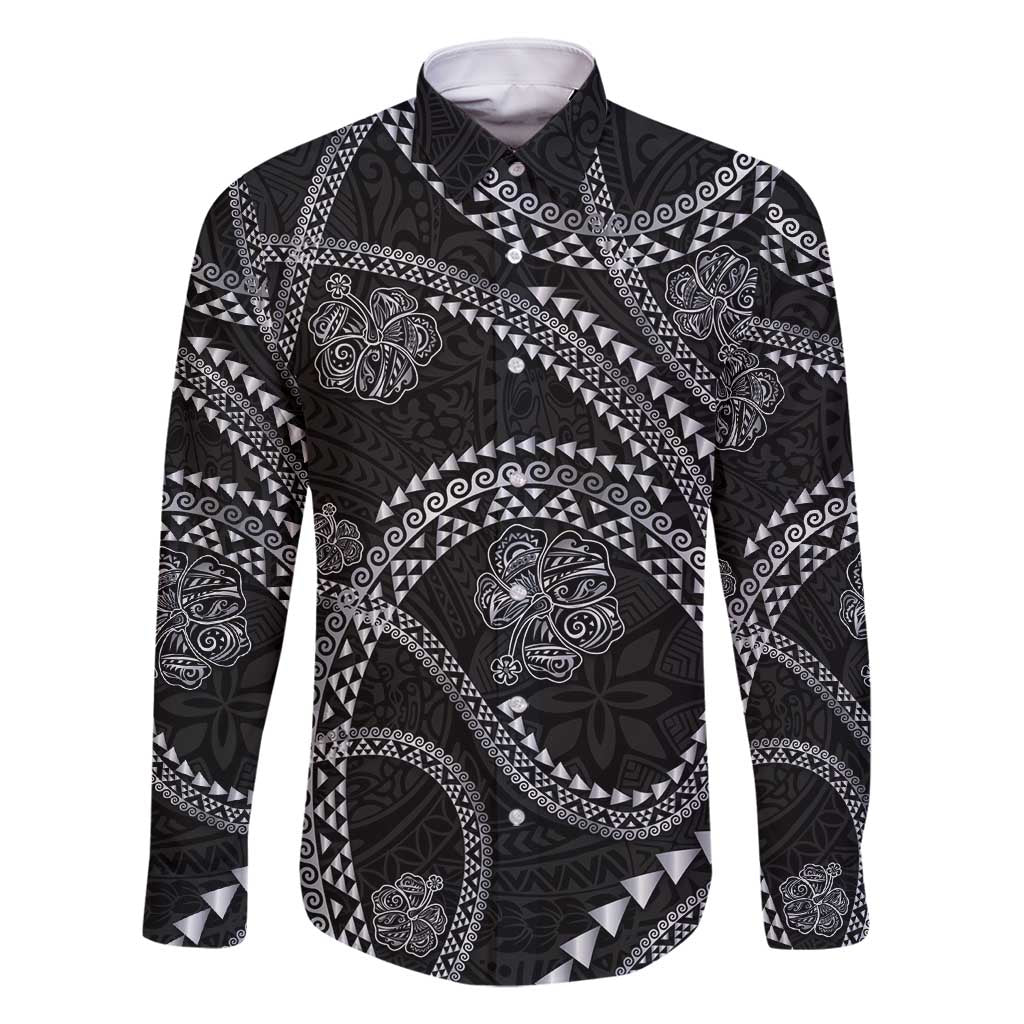 Hawaiian Kakau Art and Hisbiscus Tattoo Family Matching Off Shoulder Maxi Dress and Hawaiian Shirt Tribal Pattern-Silver Style LT03 Dad's Shirt - Long Sleeve Black - Polynesian Pride