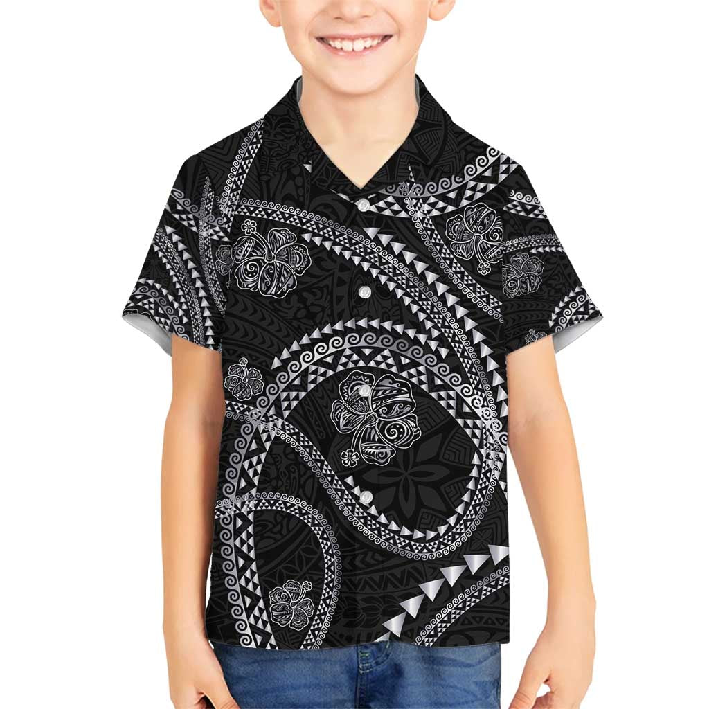 Hawaiian Kakau Art and Hisbiscus Tattoo Family Matching Off Shoulder Maxi Dress and Hawaiian Shirt Tribal Pattern-Silver Style LT03 Son's Shirt Black - Polynesian Pride