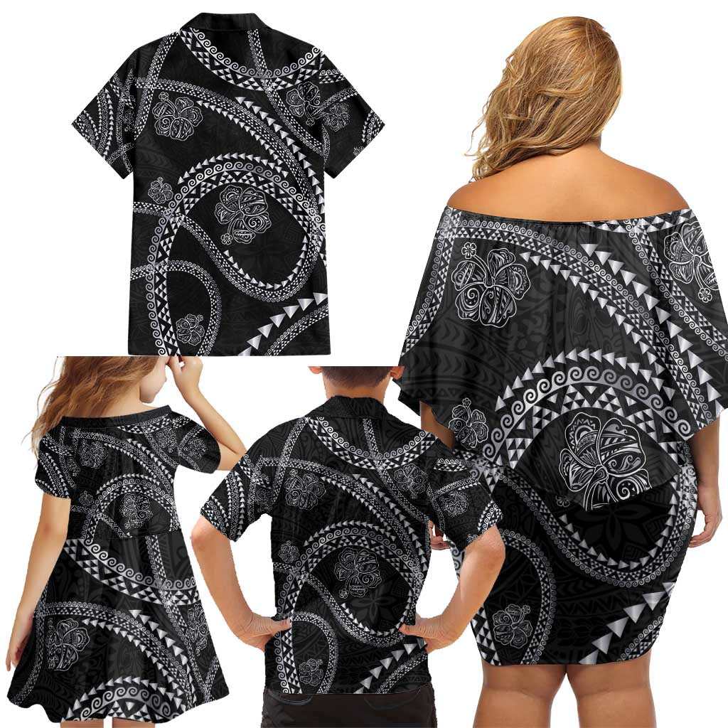 Hawaiian Kakau Art and Hisbiscus Tattoo Family Matching Off Shoulder Short Dress and Hawaiian Shirt Tribal Pattern-Silver Style LT03 - Polynesian Pride