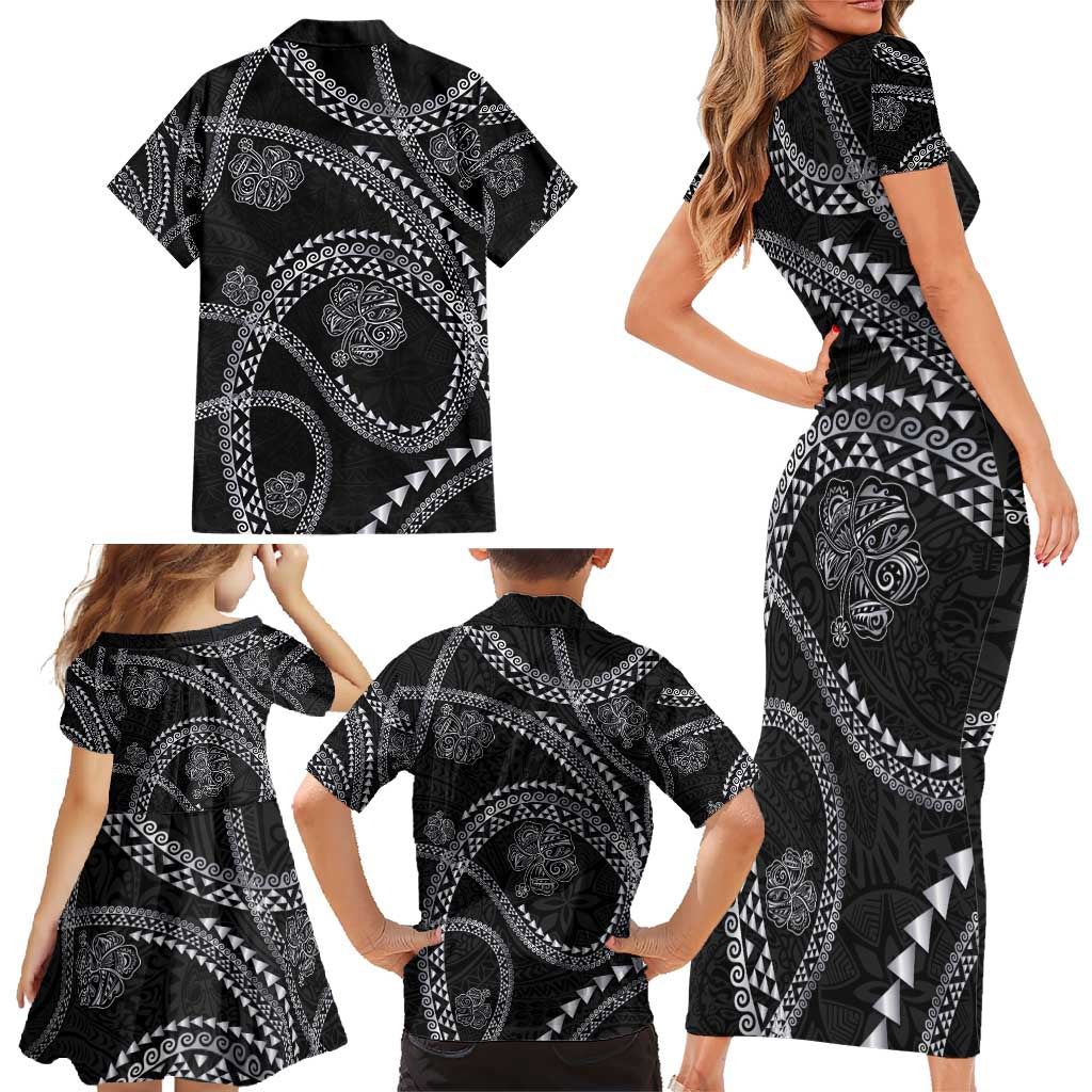 Hawaiian Kakau Art and Hisbiscus Tattoo Family Matching Short Sleeve Bodycon Dress and Hawaiian Shirt Tribal Pattern-Silver Style LT03 - Polynesian Pride