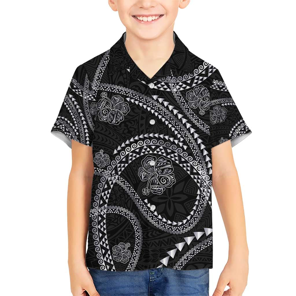 Hawaiian Kakau Art and Hisbiscus Tattoo Family Matching Short Sleeve Bodycon Dress and Hawaiian Shirt Tribal Pattern-Silver Style LT03 Son's Shirt Black - Polynesian Pride