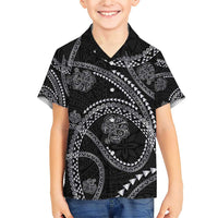 Hawaiian Kakau Art and Hisbiscus Tattoo Family Matching Short Sleeve Bodycon Dress and Hawaiian Shirt Tribal Pattern-Silver Style LT03 Son's Shirt Black - Polynesian Pride