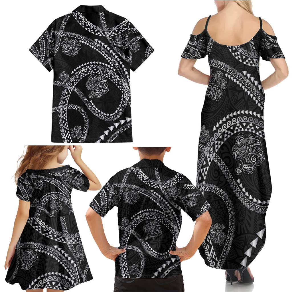 Hawaiian Kakau Art and Hisbiscus Tattoo Family Matching Summer Maxi Dress and Hawaiian Shirt Tribal Pattern-Silver Style LT03 - Polynesian Pride