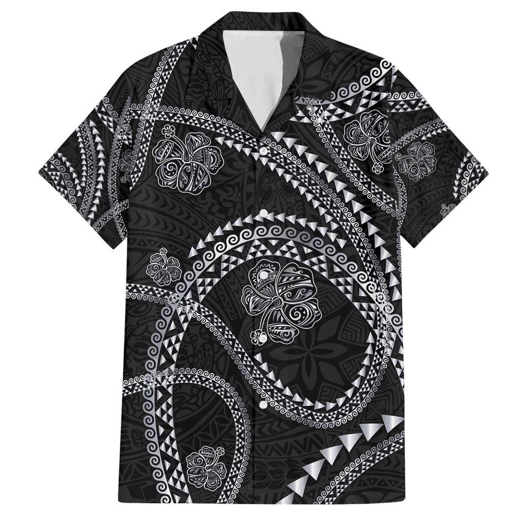 Hawaiian Kakau Art and Hisbiscus Tattoo Family Matching Summer Maxi Dress and Hawaiian Shirt Tribal Pattern-Silver Style LT03 Dad's Shirt - Short Sleeve Black - Polynesian Pride