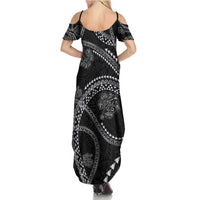 Hawaiian Kakau Art and Hisbiscus Tattoo Family Matching Summer Maxi Dress and Hawaiian Shirt Tribal Pattern-Silver Style LT03 - Polynesian Pride
