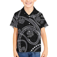 Hawaiian Kakau Art and Hisbiscus Tattoo Family Matching Summer Maxi Dress and Hawaiian Shirt Tribal Pattern-Silver Style LT03 Son's Shirt Black - Polynesian Pride