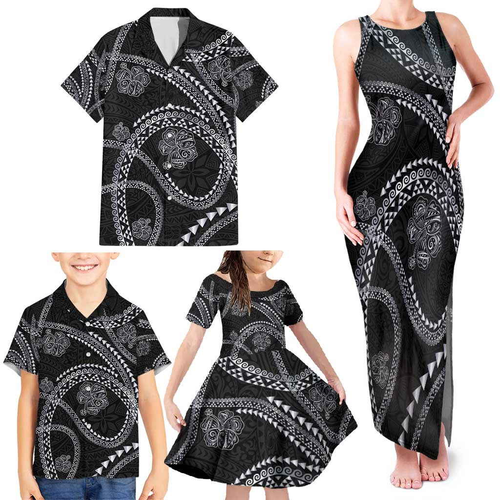 Hawaiian Kakau Art and Hisbiscus Tattoo Family Matching Tank Maxi Dress and Hawaiian Shirt Tribal Pattern-Silver Style LT03 - Polynesian Pride