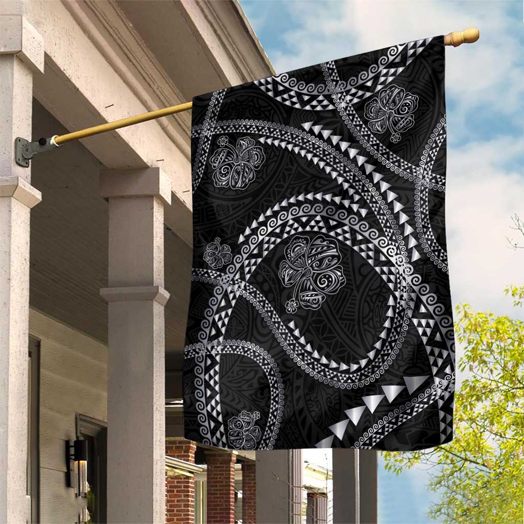 Hawaiian Kakau Art and Hisbiscus Tattoo Garden Flag Tribal Pattern-Silver Style LT03 House Flag Black - Polynesian Pride