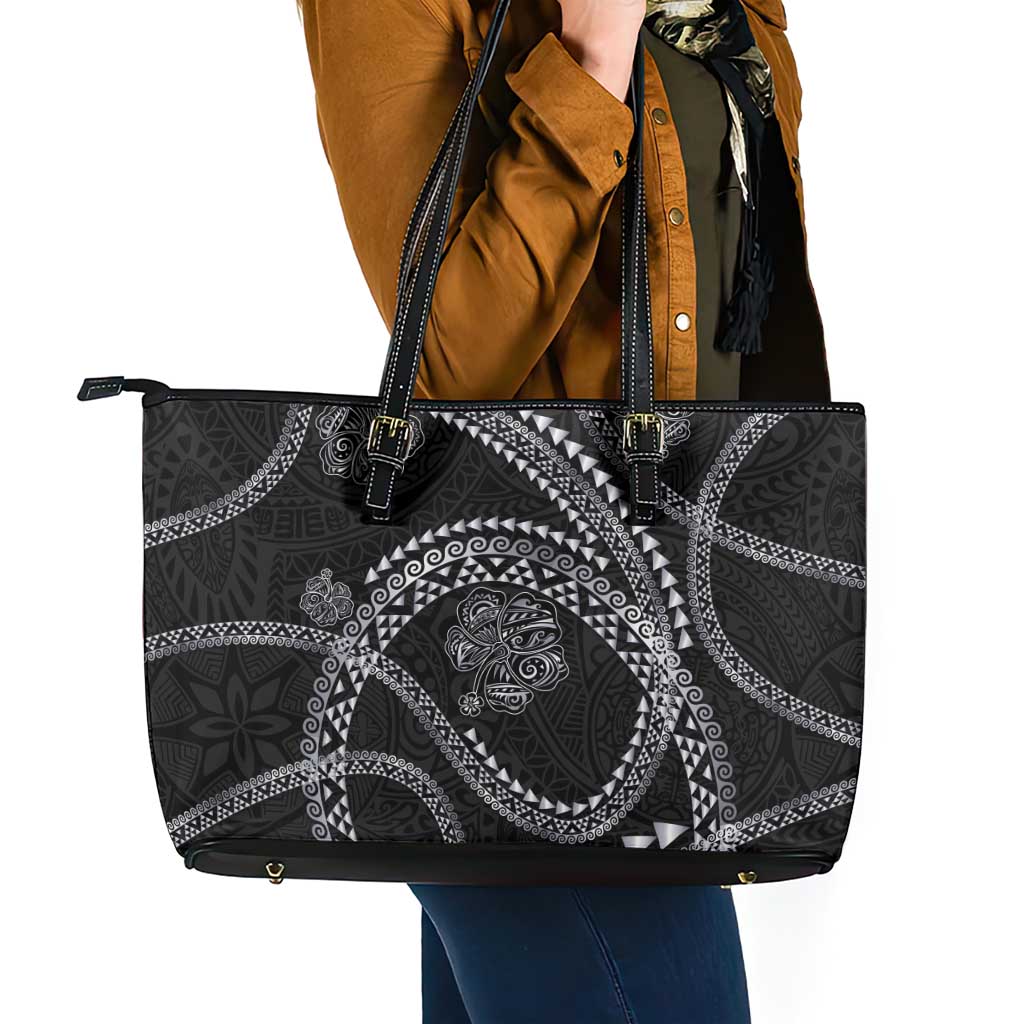 Hawaiian Kakau Art and Hisbiscus Tattoo Leather Tote Bag Tribal Pattern-Silver Style - Polynesian Pride