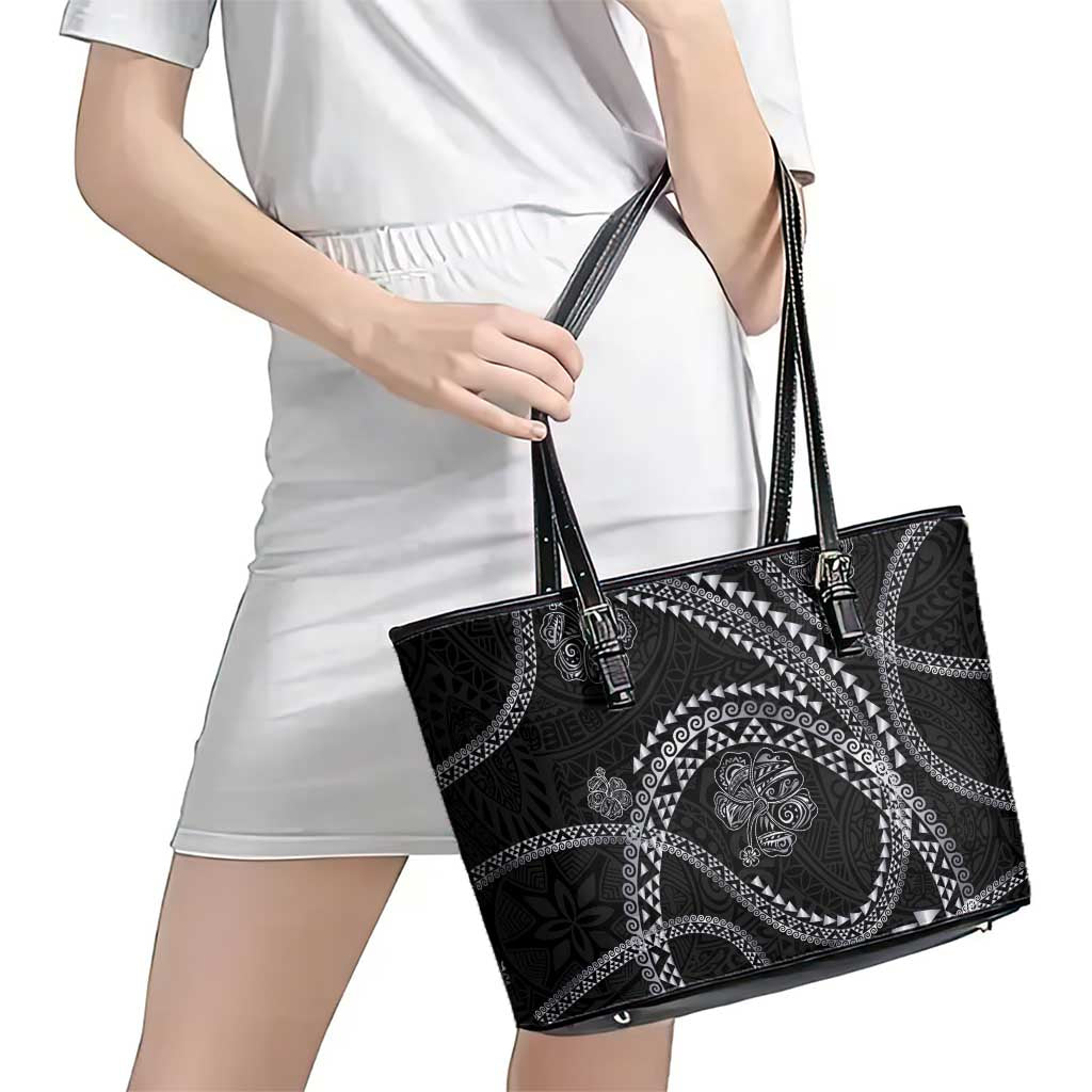 Hawaiian Kakau Art and Hisbiscus Tattoo Leather Tote Bag Tribal Pattern-Silver Style - Polynesian Pride