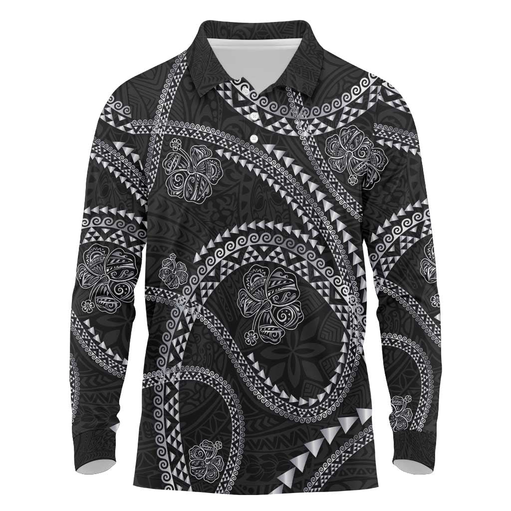Hawaiian Kakau Art and Hisbiscus Tattoo Long Sleeve Polo Shirt Tribal Pattern-Silver Style LT03 Black - Polynesian Pride