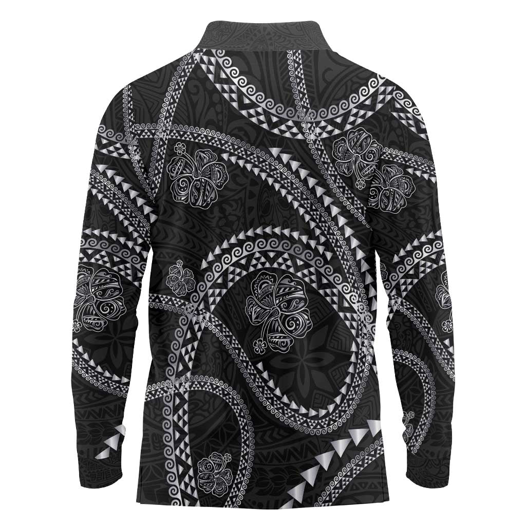 Hawaiian Kakau Art and Hisbiscus Tattoo Long Sleeve Polo Shirt Tribal Pattern-Silver Style LT03 - Polynesian Pride