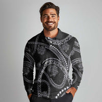 Hawaiian Kakau Art and Hisbiscus Tattoo Long Sleeve Polo Shirt Tribal Pattern-Silver Style LT03 - Polynesian Pride