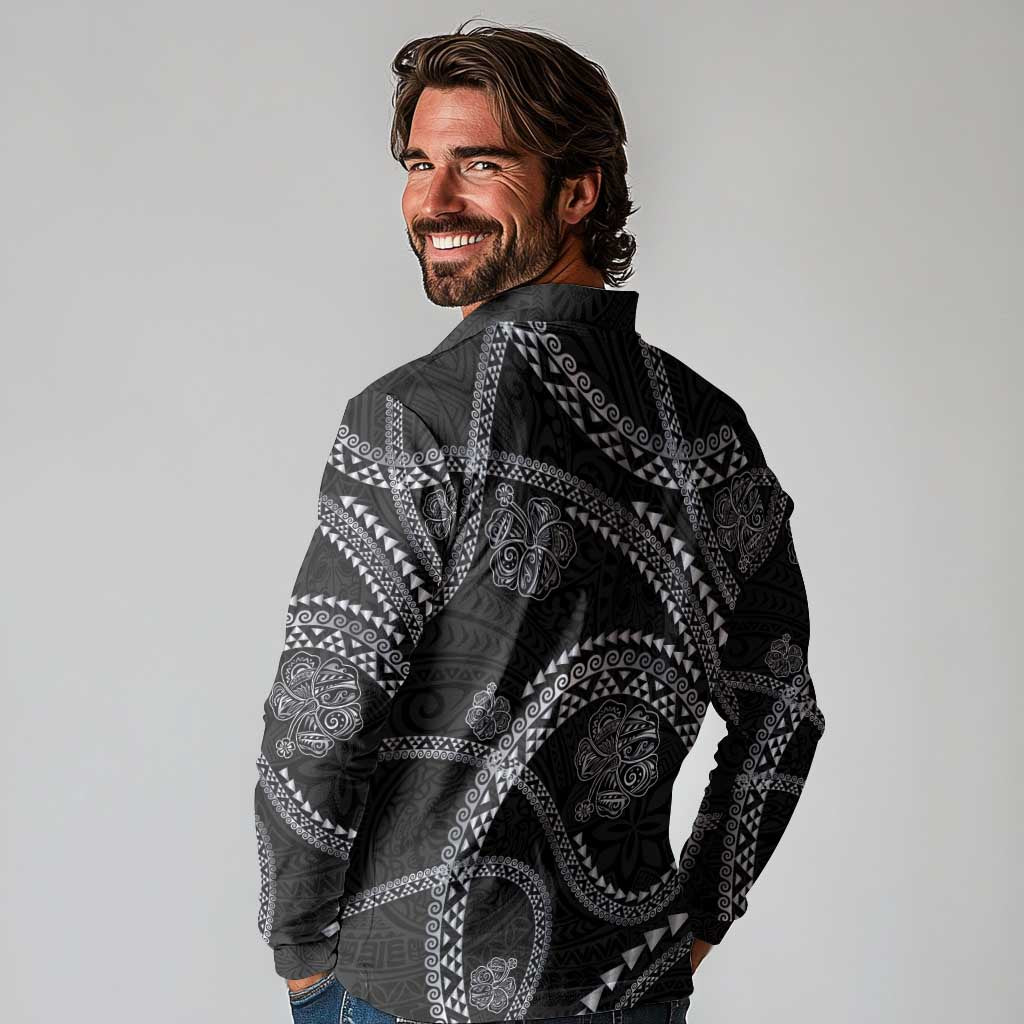 Hawaiian Kakau Art and Hisbiscus Tattoo Long Sleeve Polo Shirt Tribal Pattern-Silver Style LT03 - Polynesian Pride