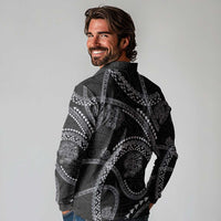 Hawaiian Kakau Art and Hisbiscus Tattoo Long Sleeve Polo Shirt Tribal Pattern-Silver Style LT03 - Polynesian Pride