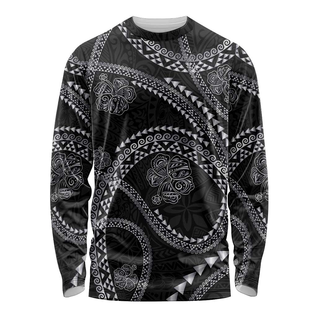 Hawaiian Kakau Art and Hisbiscus Tattoo Long Sleeve Shirt Tribal Pattern-Silver Style LT03 Unisex Black - Polynesian Pride