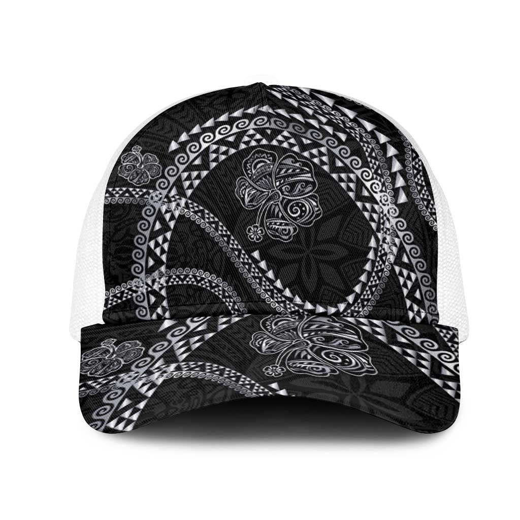 Hawaiian Kakau Art and Hisbiscus Tattoo Mesh Trucker Cap Tribal Pattern-Silver Style - Polynesian Pride