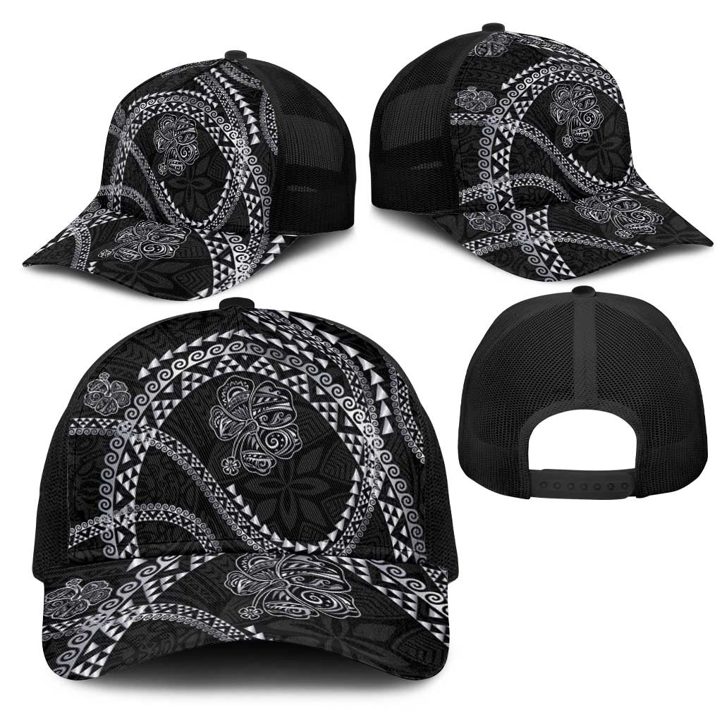 Hawaiian Kakau Art and Hisbiscus Tattoo Mesh Trucker Cap Tribal Pattern-Silver Style - Polynesian Pride
