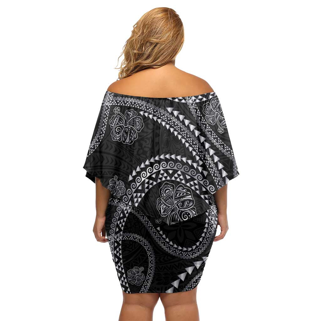 Hawaiian Kakau Art and Hisbiscus Tattoo Off Shoulder Short Dress Tribal Pattern-Silver Style - Polynesian Pride