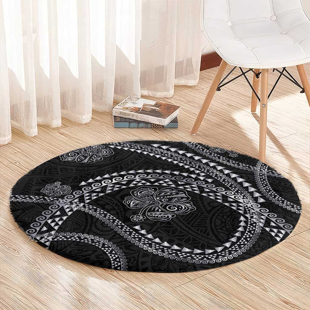 Hawaiian Kakau Art and Hisbiscus Tattoo Round Carpet Tribal Pattern-Silver Style - Polynesian Pride