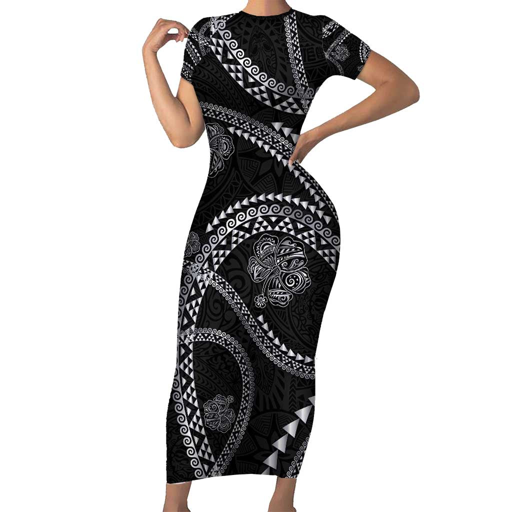 Hawaiian Kakau Art and Hisbiscus Tattoo Short Sleeve Bodycon Dress Tribal Pattern-Silver Style LT03 Long Dress Black - Polynesian Pride