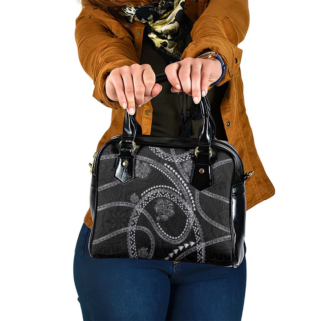 Hawaiian Kakau Art and Hisbiscus Tattoo Shoulder Handbag Tribal Pattern-Silver Style LT03 One Size Black - Polynesian Pride