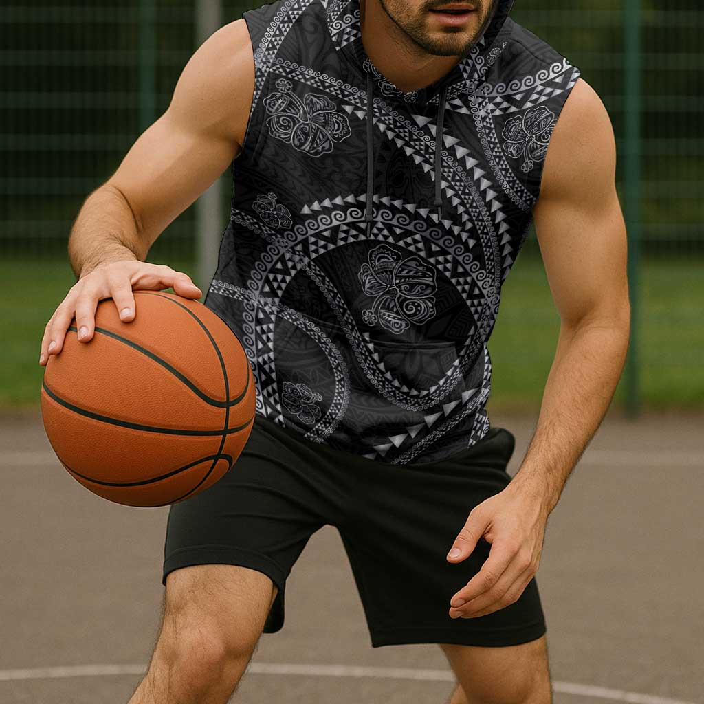 Hawaiian Kakau Art and Hisbiscus Tattoo Sleeveless Hoodie Tribal Pattern-Silver Style - Polynesian Pride