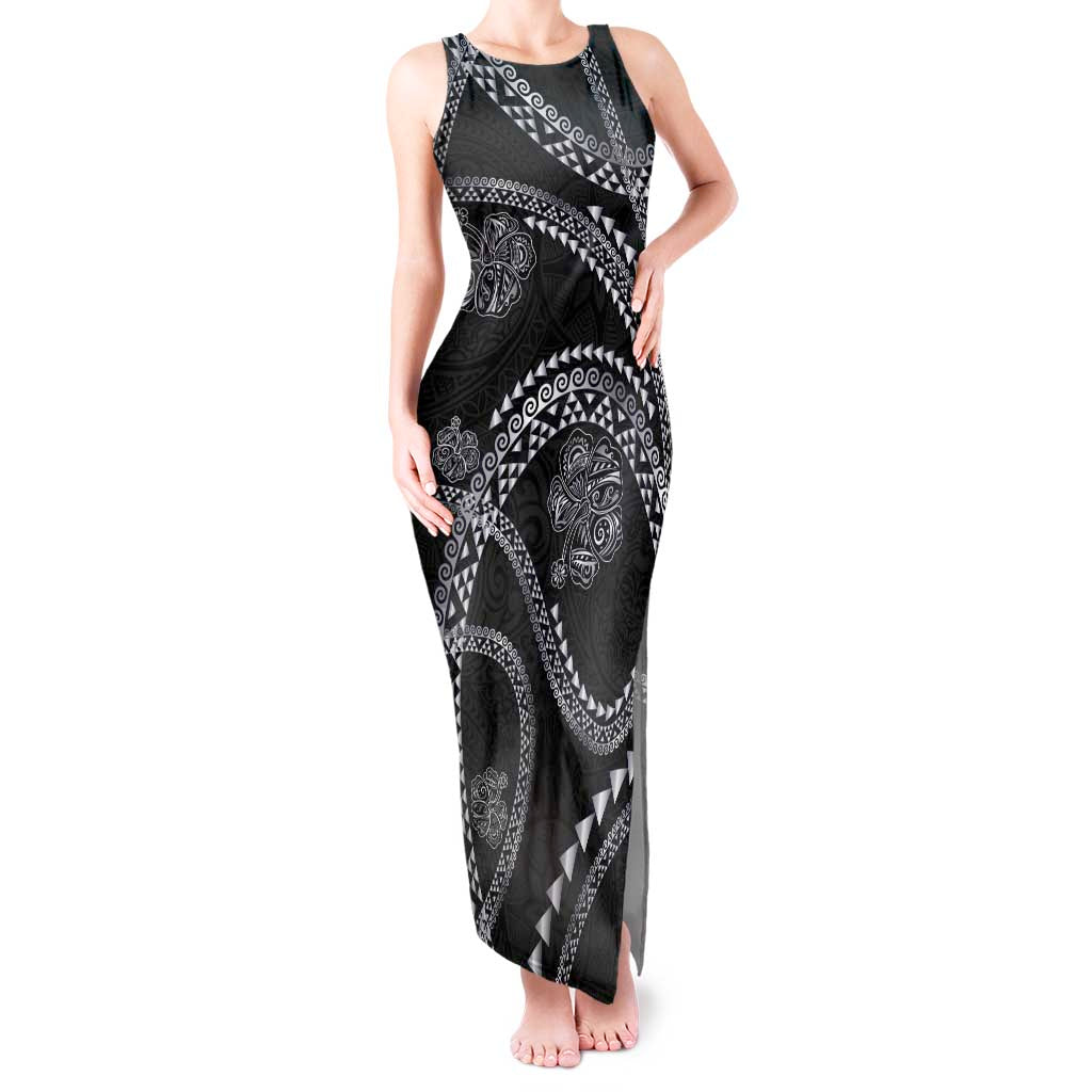 Hawaiian Kakau Art and Hisbiscus Tattoo Tank Maxi Dress Tribal Pattern-Silver Style LT03 Women Black - Polynesian Pride