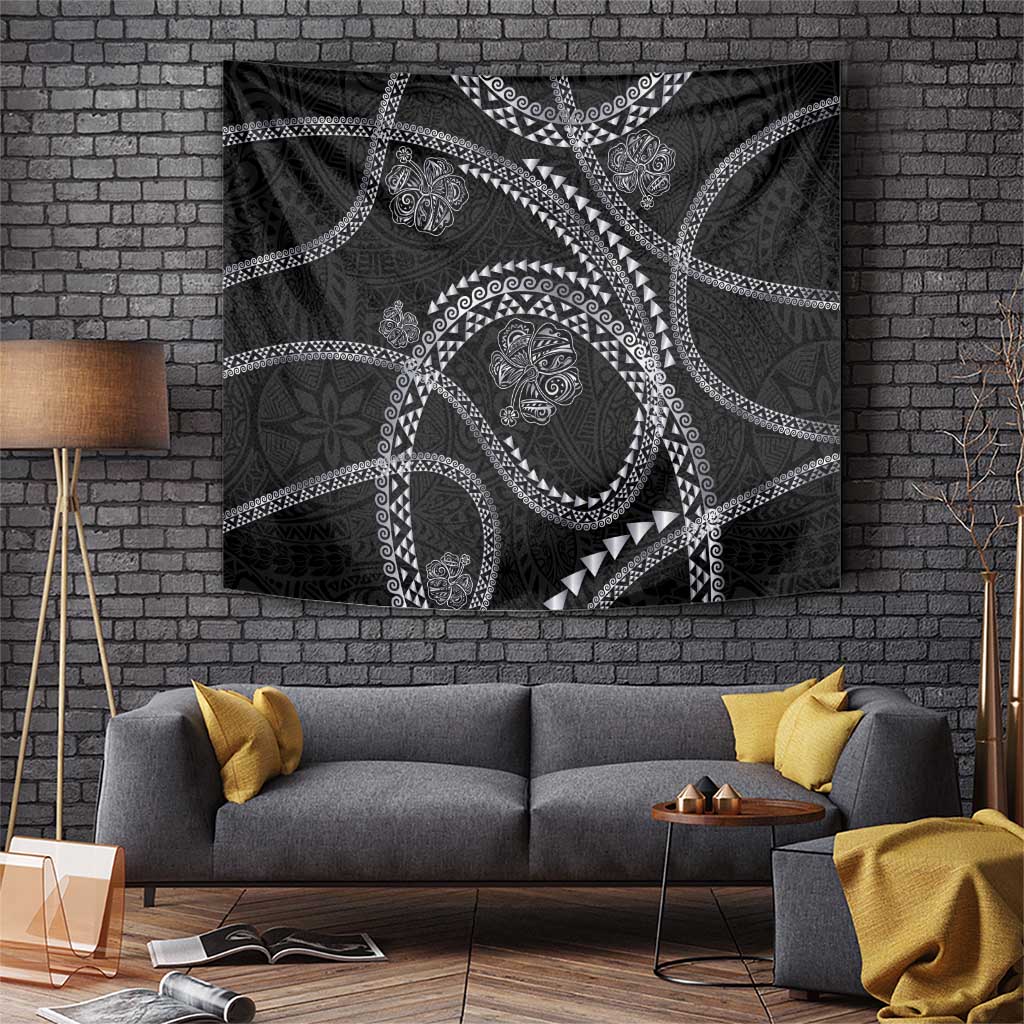 Hawaiian Kakau Art and Hisbiscus Tattoo Tapestry Tribal Pattern-Silver Style LT03 Black - Polynesian Pride
