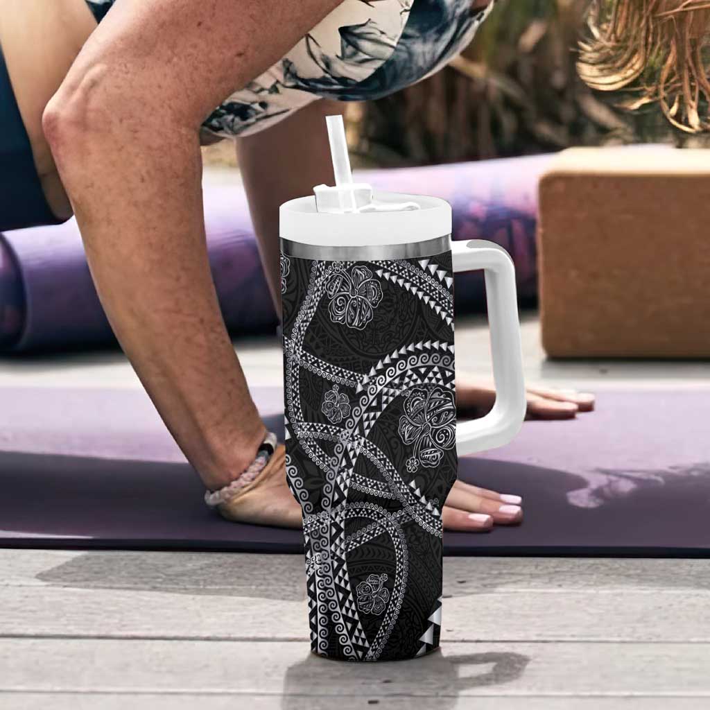 Hawaiian Kakau Art and Hisbiscus Tattoo Tumbler With Handle Tribal Pattern-Silver Style - Polynesian Pride