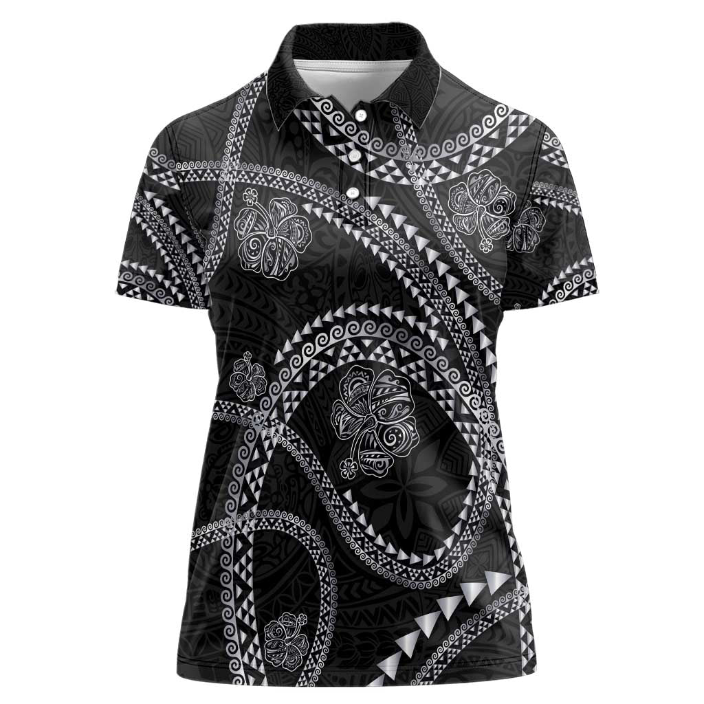 Hawaiian Kakau Art and Hisbiscus Tattoo Women Polo Shirt Tribal Pattern-Silver Style LT03 Female Black - Polynesian Pride