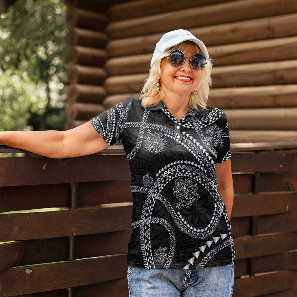 Hawaiian Kakau Art and Hisbiscus Tattoo Women Polo Shirt Tribal Pattern-Silver Style - Polynesian Pride