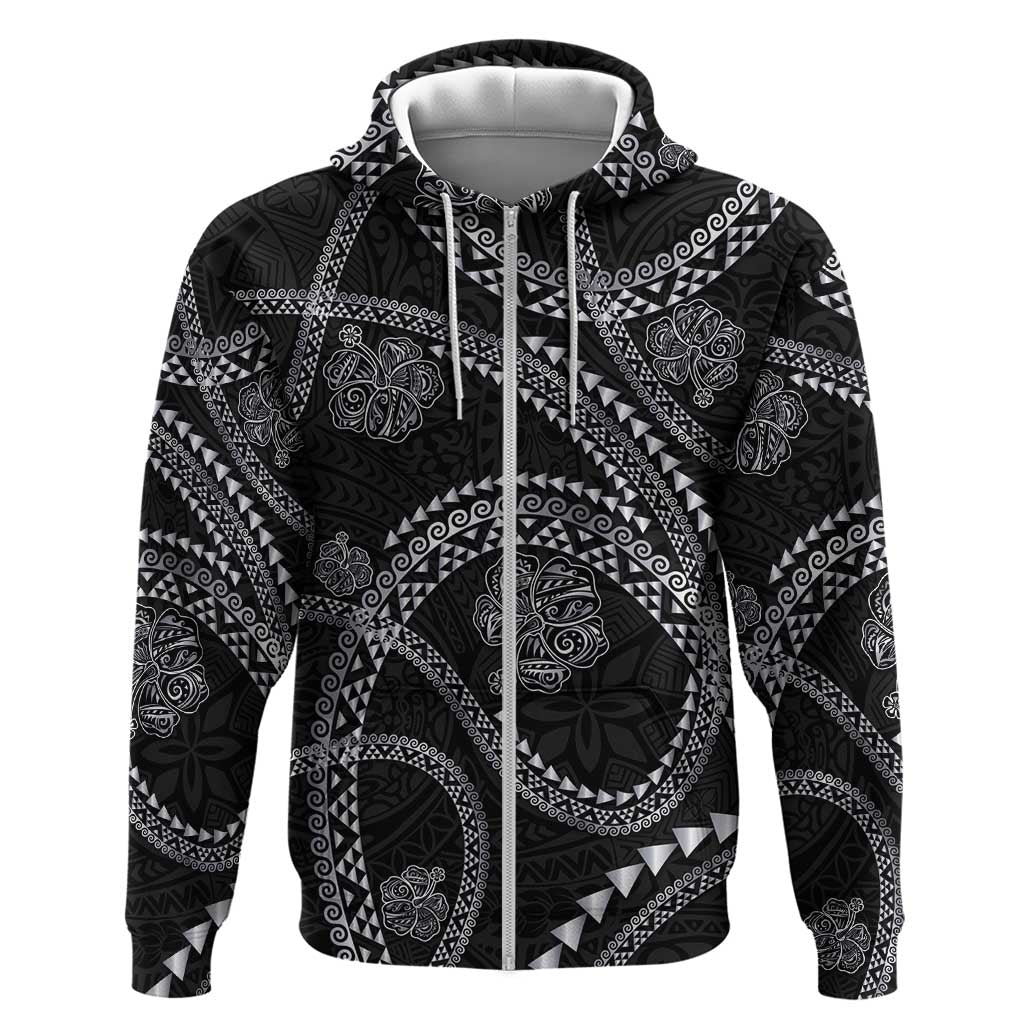Hawaiian Kakau Art and Hisbiscus Tattoo Zip Hoodie Tribal Pattern-Silver Style LT03 Zip Hoodie Black - Polynesian Pride