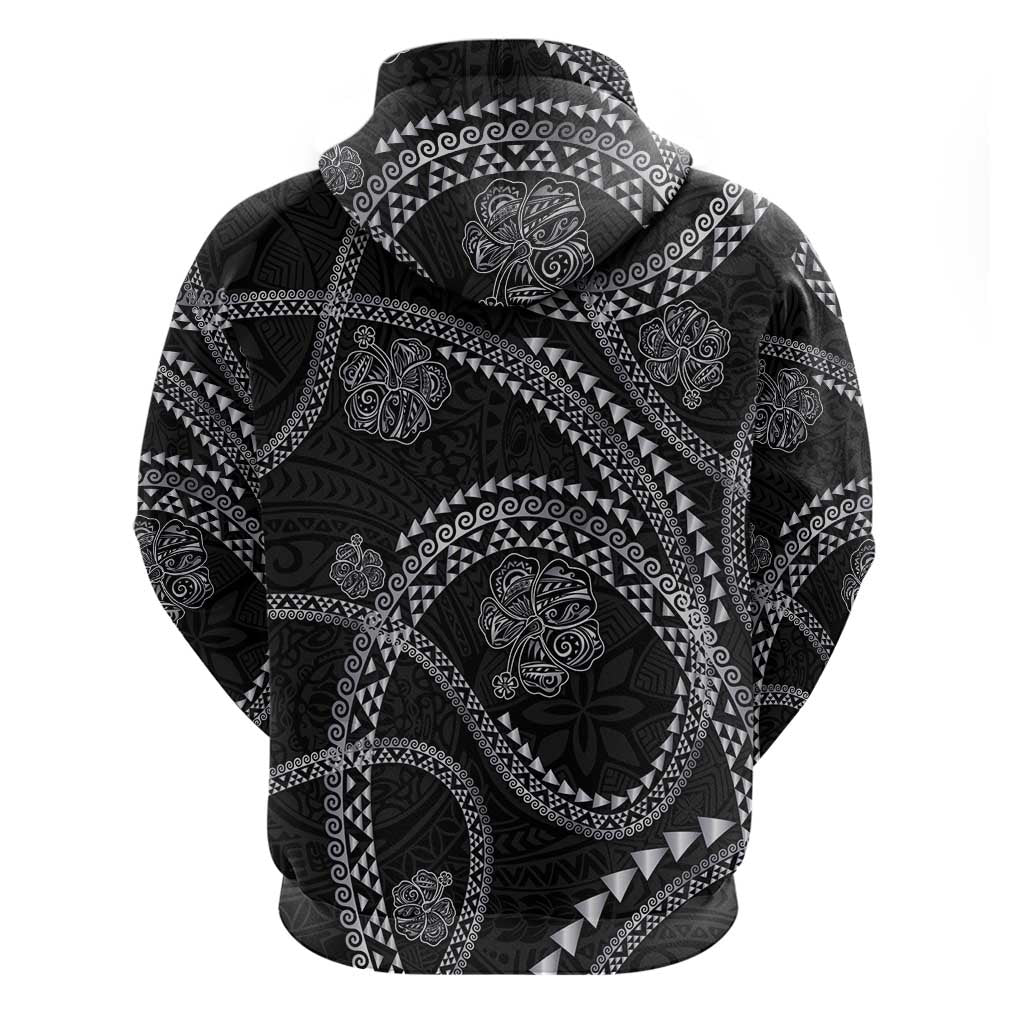 Hawaiian Kakau Art and Hisbiscus Tattoo Zip Hoodie Tribal Pattern-Silver Style LT03 - Polynesian Pride
