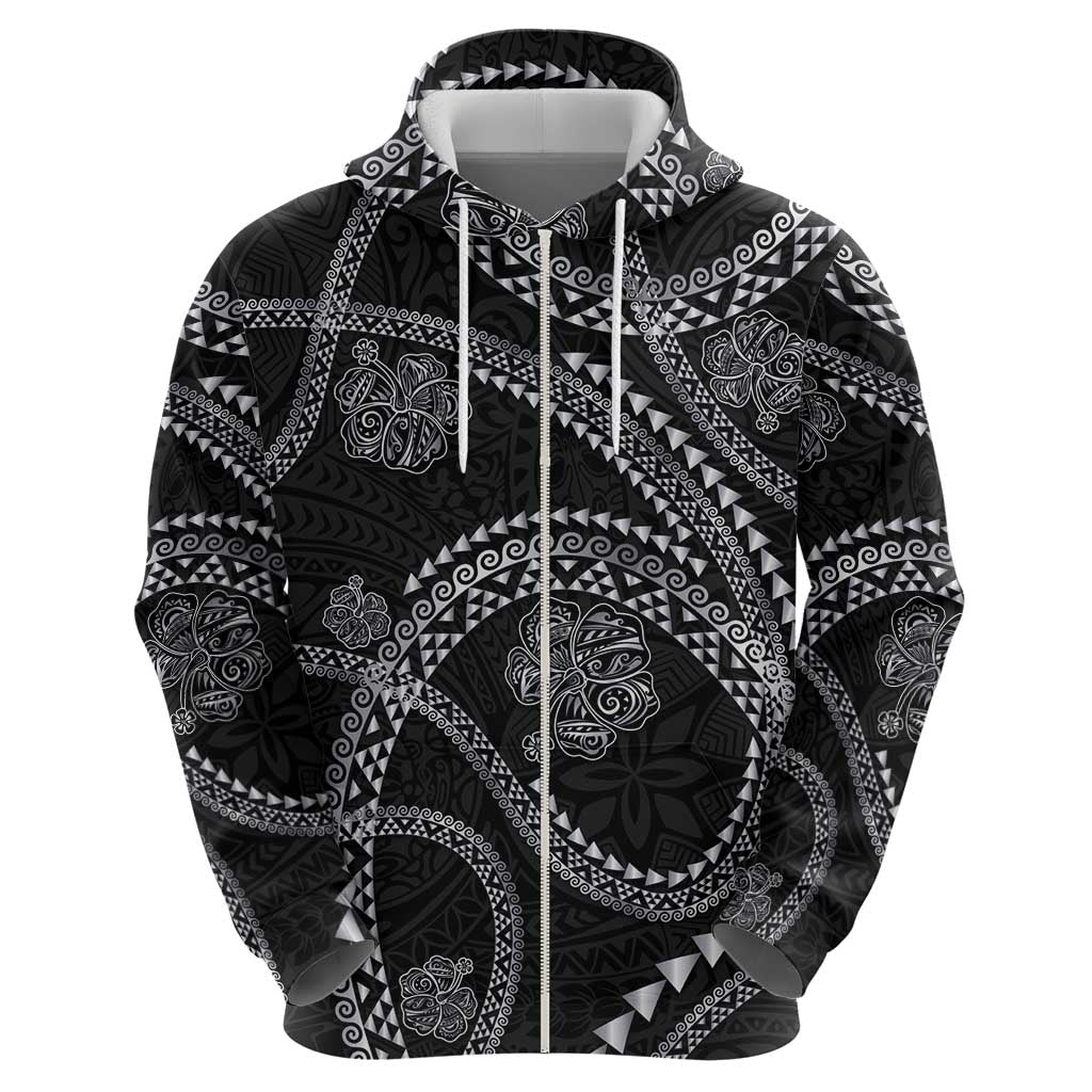 Hawaiian Kakau Art and Hisbiscus Tattoo Zip Hoodie Tribal Pattern-Silver Style LT03 - Polynesian Pride
