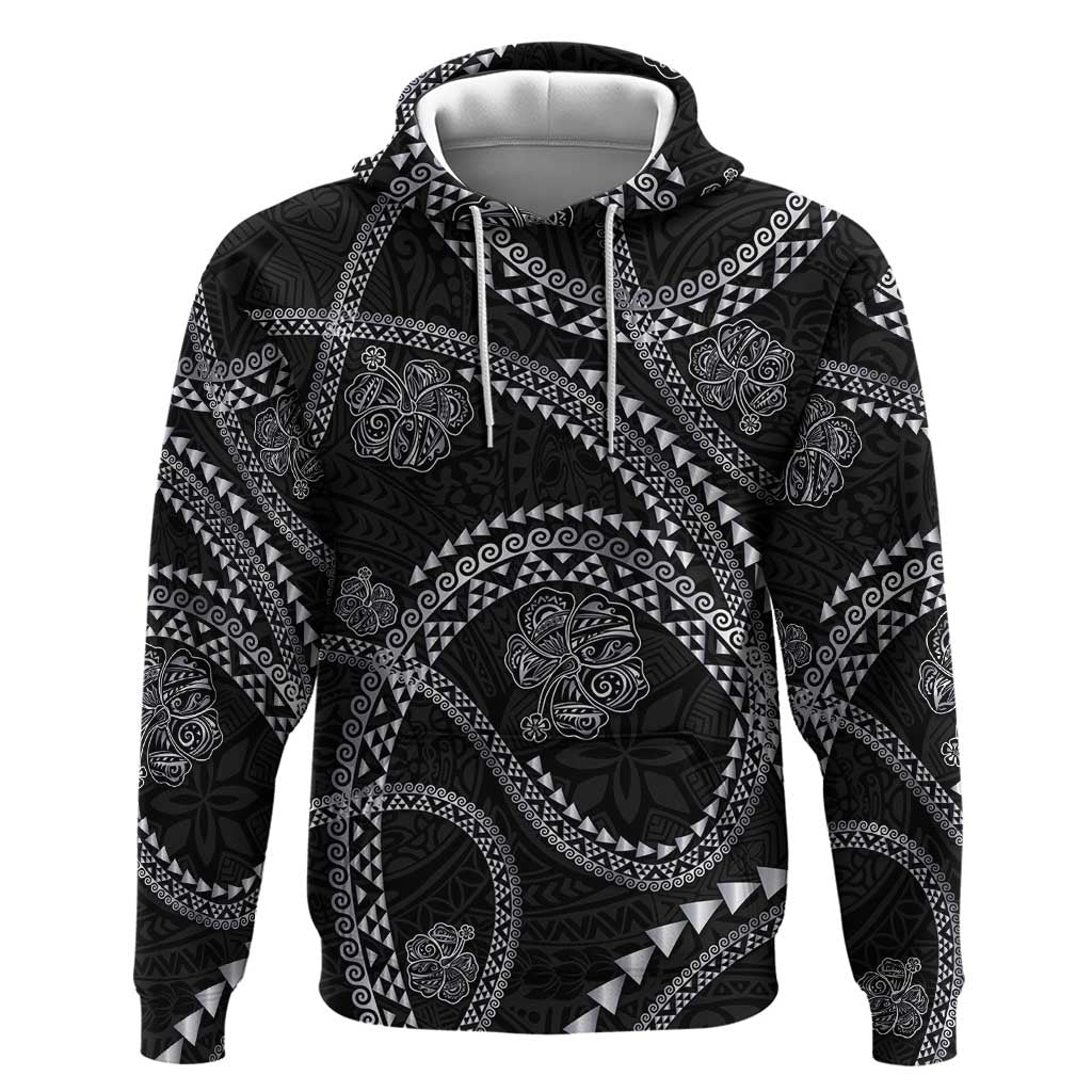 Hawaiian Kakau Art and Hisbiscus Tattoo Zip Hoodie Tribal Pattern-Silver Style LT03 Pullover Hoodie Black - Polynesian Pride