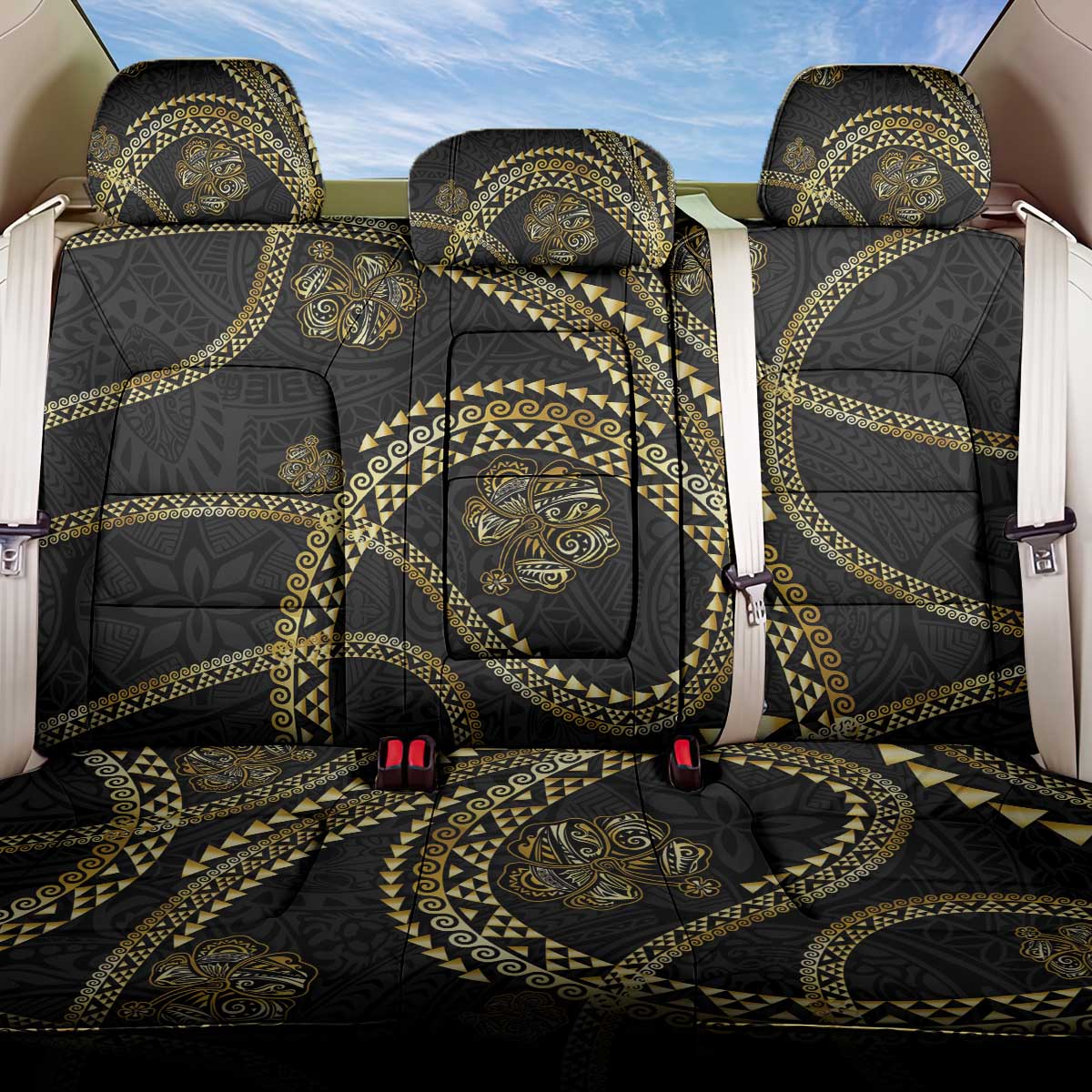 Hawaiian Kakau Art and Hisbiscus Tattoo Back Car Seat Cover Tribal Pattern-Gold Style LT03 One Size Black - Polynesian Pride