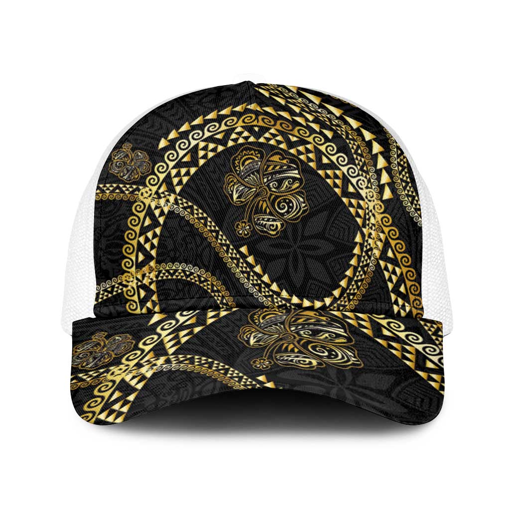 Hawaiian Kakau Art and Hisbiscus Tattoo Baseball Net Cap Tribal Pattern-Gold Style - Polynesian Pride