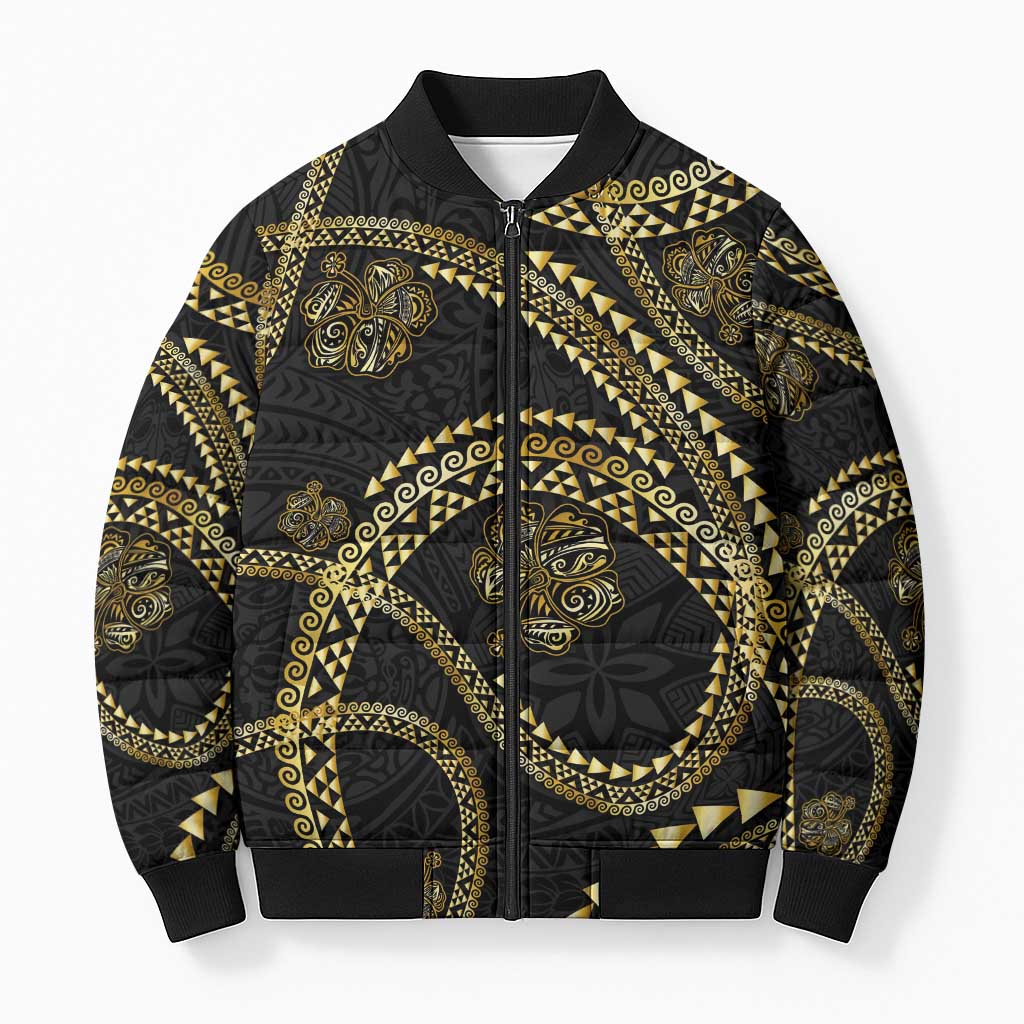 Hawaiian Kakau Art and Hisbiscus Tattoo Bomber Puffer Jacket Tribal Pattern-Gold Style LT03 Unisex Black - Polynesian Pride
