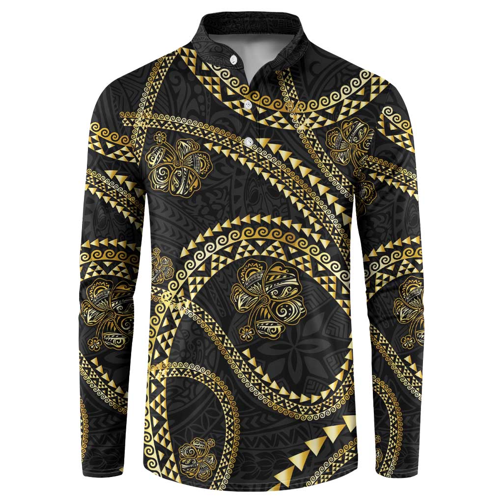 Hawaiian Kakau Art and Hisbiscus Tattoo Button Sweatshirt Tribal Pattern-Gold Style LT03 Black - Polynesian Pride