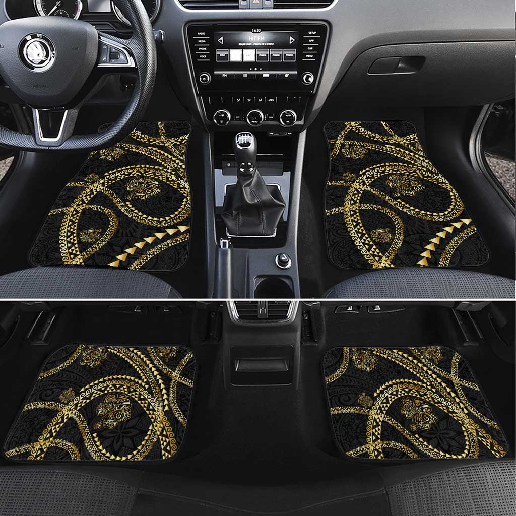 Hawaiian Kakau Art and Hisbiscus Tattoo Car Mats Tribal Pattern-Gold Style LT03 Set 4pcs Black - Polynesian Pride