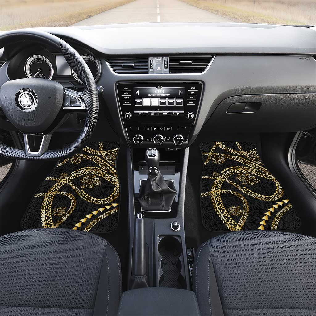 Hawaiian Kakau Art and Hisbiscus Tattoo Car Mats Tribal Pattern-Gold Style LT03 Set 2pcs - Front Black - Polynesian Pride